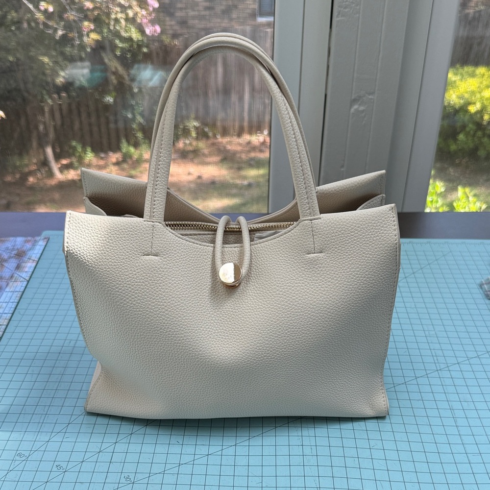 Mali and Lily Structured Cream Pebbled Vegan Leather Tote Bag with Top Handles